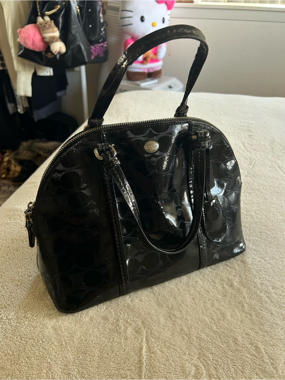 Coach Peyton Glossy Black Patent Mini Dome Satchel Crossbody